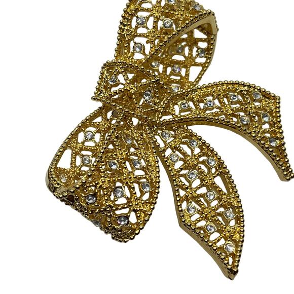 Kenneth Jay Lane Bow Brooch Pin Gold Tone Vintage KJL Rhinestone Women Retro - Picture 2 of 15